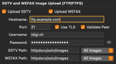 The Integrations tab in iDigi preferences, showing the SSTV and WEFAX FTP upload settings